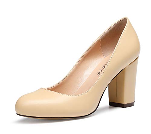 Castamere Damen High Heels Runde Zehen Partie Pumps Blockabsatz 8CM PU Nackt Schuhe EU 45 von Castamere
