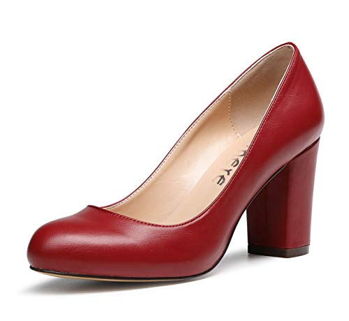 Castamere Damen High Heels Runde Zehen Partie Pumps Blockabsatz 8CM PU Weinrot Schuhe EU 37 von Castamere