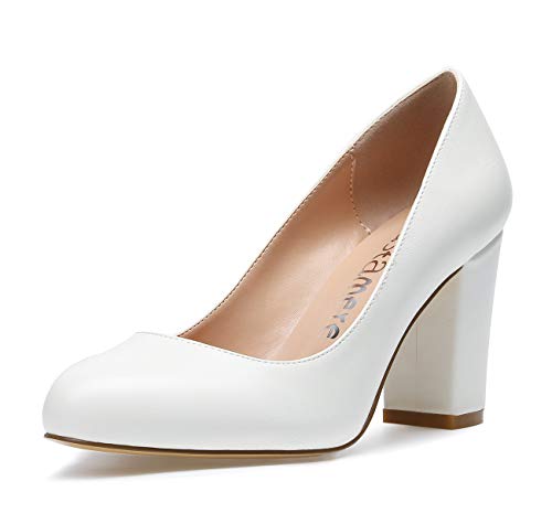 Castamere Damen High Heels Runde Zehen Partie Pumps Blockabsatz 8CM PU Weiß Schuhe EU 41 von Castamere