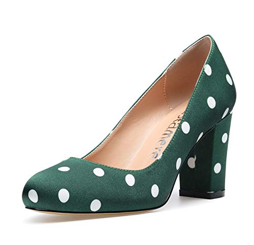 Castamere Damen High Heels Runde Zehen Partie Pumps Blockabsatz 8CM Satin Polka Dots Grün Schuhe EU 38 von Castamere