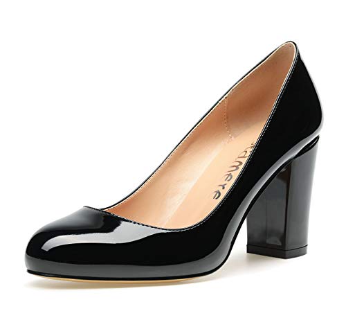 Castamere Damen High Heels Runde Zehen Partie Pumps Blockabsatz 8CM Schwarz Lackleder Schuhe EU 38 von Castamere