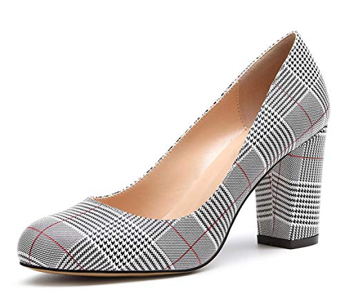 Castamere Damen High Heels Runde Zehen Partie Pumps Blockabsatz 8CM Weiß Grau Streifen Schuhe EU 44.5 von Castamere