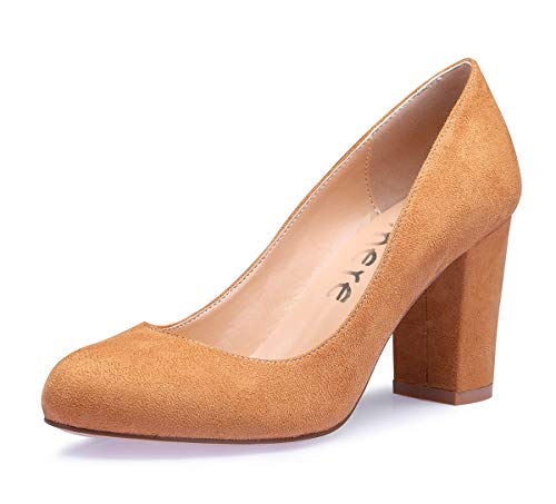 Castamere Damen High Heels Runde Zehen Partie Pumps Blockabsatz 8CM Wildleder Braun Schuhe EU 37 von Castamere