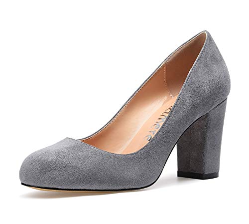 Castamere Damen High Heels Runde Zehen Partie Pumps Blockabsatz 8CM Wildleder Grau Schuhe EU 41 von Castamere
