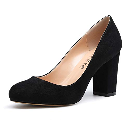 Castamere Damen High Heels Runde Zehen Partie Pumps Blockabsatz 8CM Wildleder Schwarz Schuhe EU 41 von Castamere