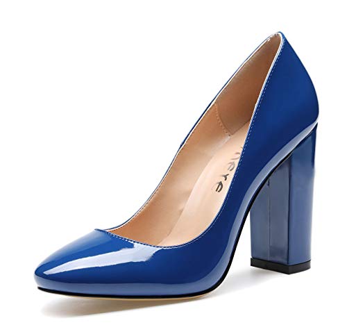 Castamere Damen High Heels Runde Zehen Party Pumps Blockabsatz 10CM Lackleder Blau Schuhe EU 39 von Castamere