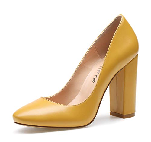 Castamere Damen High Heels Runde Zehen Party Pumps Blockabsatz 10CM PU Gelb Schuhe EU 38 von Castamere