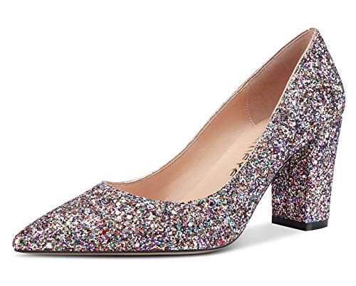 Castamere Damen High Heels Spitzen Blockabsatz Pumps 8CM Mehrfarbig Bunt Glitter Schuhe EU 41.5 von Castamere