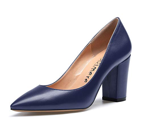 Castamere Damen High Heels Spitzen Blockabsatz Pumps 8CM PU Blau Schuhe EU 37 von Castamere