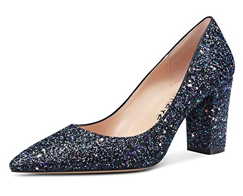 Castamere Damen High Heels Spitzen Blockabsatz Pumps 8CM Schwarz Bunt Glitter Schuhe EU 38.5 von Castamere