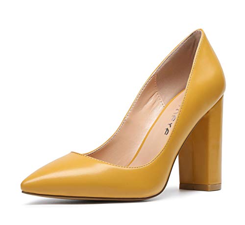 Castamere Damen High Heels Spitzen Zehen Blockabsatz Pumps 10CM PU Gelb Schuhe EU 36.5 von Castamere