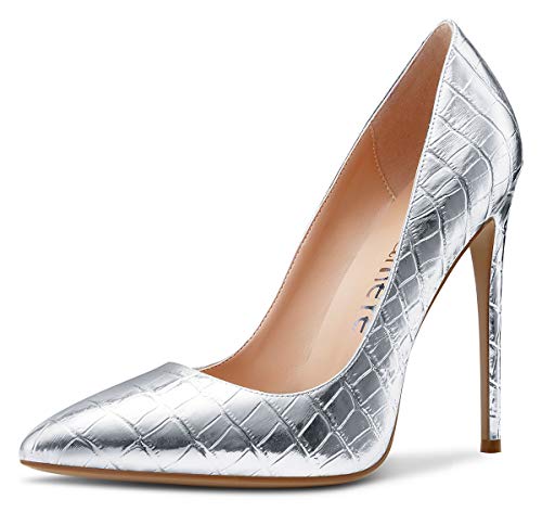 Castamere Damen High Heels Spitzen Zehen Mode Stilettos Slip-On Pumps 12CM Heel Shoes Silber Krokodil Schuhe EU 43.5 von Castamere