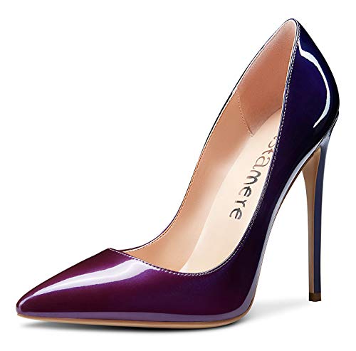 Castamere Damen High Heels Spitzen Zehen Mode Stilettos Slip-On Pumps 12CM Heel Shoes Violett Blau Lackleder Schuhe EU 40.5 von Castamere
