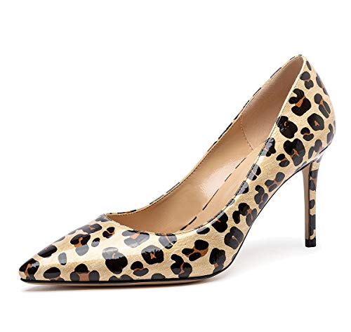 Castamere Damen High Heels Spitzen Zehen Mode Stilettos Slip-On Pumps 8.5CM Beige Leopard Lackleder Schuhe EU 41 von Castamere