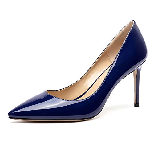 Castamere Damen High Heels Spitzen Zehen Mode Stilettos Slip-On Pumps 8.5CM Blau Navy Lackleder Schuhe EU 39.5 von Castamere
