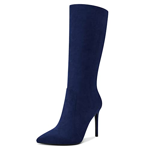 Castamere Damen Hoher High Absatz Heel 10 CM Heels Spitze Zehenkappe Reißverschluss Mid Calf Stiefel Hochzeit Büroschuhe Sexy Dress Stiefel Blau C 39 EU von Castamere