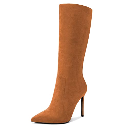 Castamere Damen Hoher High Absatz Heel 10 CM Heels Spitze Zehenkappe Reißverschluss Mid Calf Stiefel Hochzeit Büroschuhe Sexy Dress Stiefel Orange 44 EU von Castamere