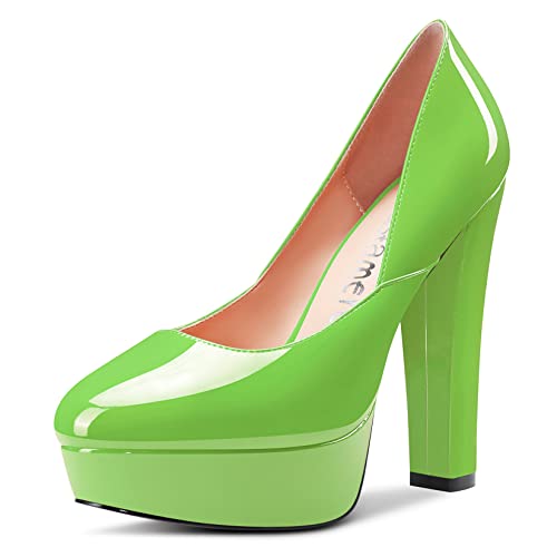 Castamere Damen Hoher High Absatz Heel Chunky Blockabsatz Plateau Plattform Runde Zehenkappe Slip-on Pumps Klassisch Cute Dress 13 cm Heels Schuhe Grün 40 EU von Castamere