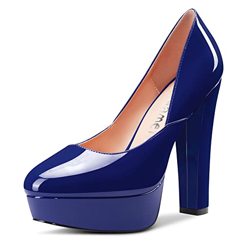 Castamere Damen Hoher High Absatz Heel Chunky Blockabsatz Plateau Plattform Runde Zehenkappe Slip-on Pumps Klassisch Cute Dress 13 cm Heels Schuhe Navy Blau 36 EU von Castamere