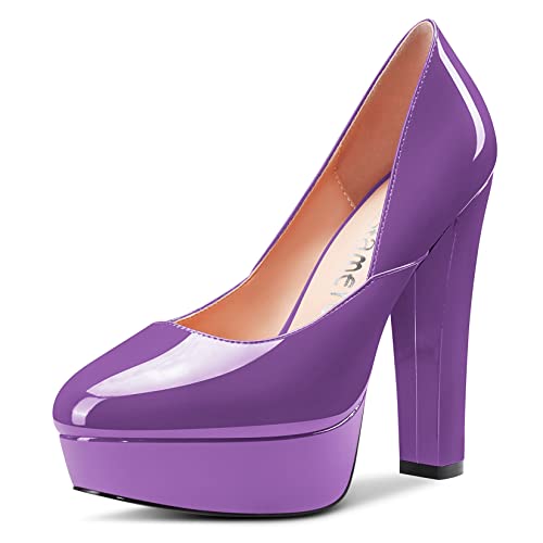 Castamere Damen Hoher High Absatz Heel Chunky Blockabsatz Plateau Plattform Runde Zehenkappe Slip-on Pumps Klassisch Cute Dress 13 cm Heels Schuhe Violett 36 EU von Castamere