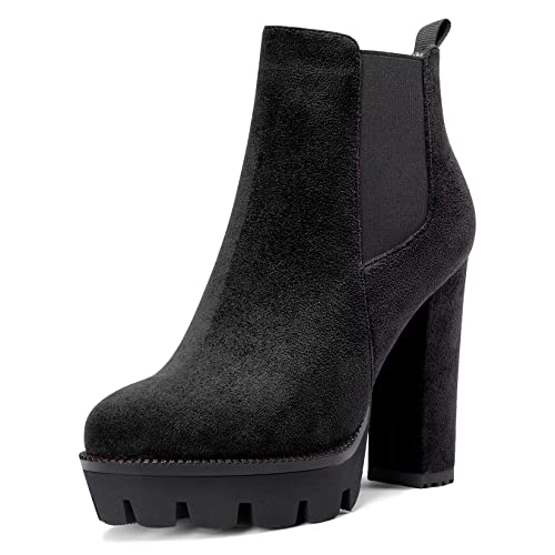 Castamere Damen Hoher High Absatz Heel Chunky Blockabsatz Plateau Plattform Runde Zehenkappe Stiefeletten Slip-on Klassisch Stiefel Schwarz 38 EU von Castamere