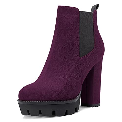 Castamere Damen Hoher High Absatz Heel Chunky Blockabsatz Plateau Plattform Runde Zehenkappe Stiefeletten Slip-on Klassisch Stiefel Violett A 39 EU von Castamere