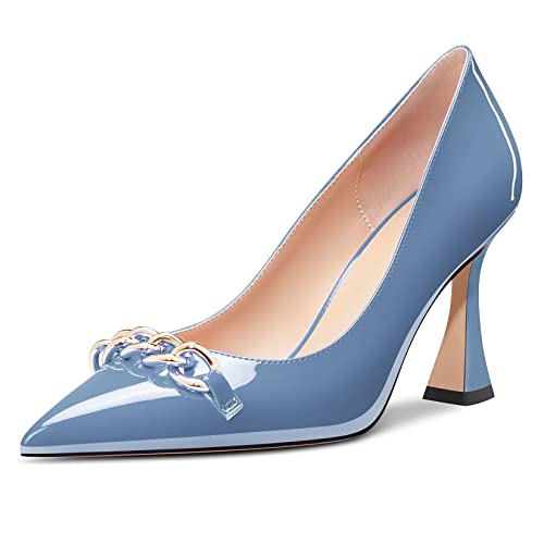 Castamere Damen Hoher High Absatz Heel Chunky Blockabsatz Spitze Zehenkappe Pumps Slip-on Party Dress 8.5 cm Heels Blau Lackleder A 38 EU von Castamere