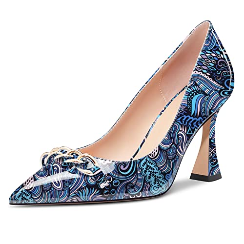 Castamere Damen Hoher High Absatz Heel Chunky Blockabsatz Spitze Zehenkappe Pumps Slip-on Party Dress 8.5 cm Heels Blau Mehrfarbig 41 EU von Castamere