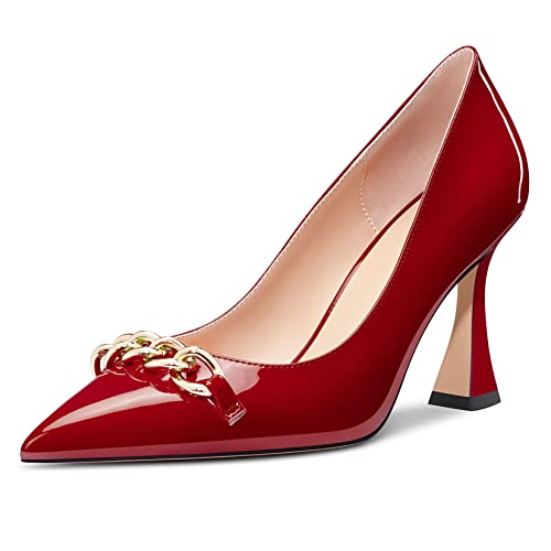 Castamere Damen Hoher High Absatz Heel Chunky Blockabsatz Spitze Zehenkappe Pumps Slip-on Party Dress 8.5 cm Heels Burgund Rot Lackleder 44 EU von Castamere