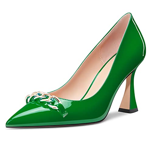 Castamere Damen Hoher High Absatz Heel Chunky Blockabsatz Spitze Zehenkappe Pumps Slip-on Party Dress 8.5 cm Heels Grün Lackleder A 45 EU von Castamere
