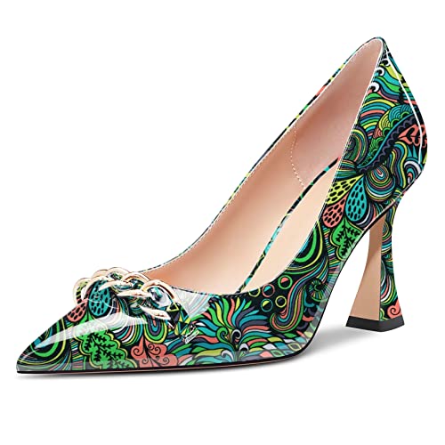 Castamere Damen Hoher High Absatz Heel Chunky Blockabsatz Spitze Zehenkappe Pumps Slip-on Party Dress 8.5 cm Heels Grün Mehrfarbig 40 EU von Castamere