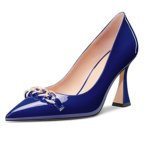 Castamere Damen Hoher High Absatz Heel Chunky Blockabsatz Spitze Zehenkappe Pumps Slip-on Party Dress 8.5 cm Heels Navy Blau Lackleder 38 EU von Castamere