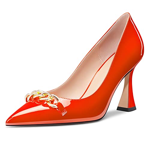 Castamere Damen Hoher High Absatz Heel Chunky Blockabsatz Spitze Zehenkappe Pumps Slip-on Party Dress 8.5 cm Heels Orange Lackleder 41 EU von Castamere