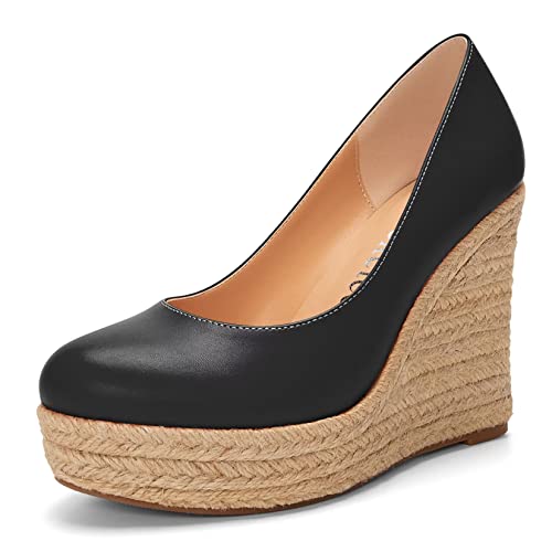 Castamere Damen Hoher High Absatz Heel Keilabsatz Plateau Plattform Runde Zehenkappe Pumps Slip-on Klassisch Cute Büroschuhe Schuhe Schwarz 41 EU von Castamere