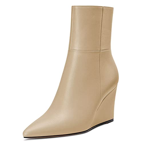 Castamere Damen Hoher High Absatz Heel Keilabsatz Spitze Zehenkappe Stiefeletten Klassisch Reißverschluss Slip-on Stiefel Party Hochzeit 8.5 CM Heels Beige 38 EU von Castamere