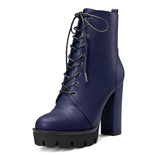 Castamere Damen Hoher High Absatz Heel Plateau Plattform Chunky Blockabsatz Runde Zehenkappe Stiefeletten Schnüren Schnürung Reißverschluss Stiefel Blau 39 EU von Castamere