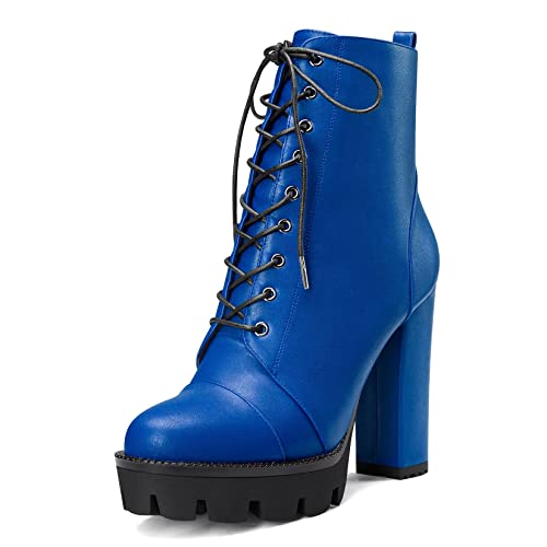 Castamere Damen Hoher High Absatz Heel Plateau Plattform Chunky Blockabsatz Runde Zehenkappe Stiefeletten Schnüren Schnürung Reißverschluss Stiefel Blau A 38 EU von Castamere