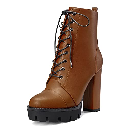 Castamere Damen Hoher High Absatz Heel Plateau Plattform Chunky Blockabsatz Runde Zehenkappe Stiefeletten Schnüren Schnürung Reißverschluss Stiefel Braun 39 EU von Castamere