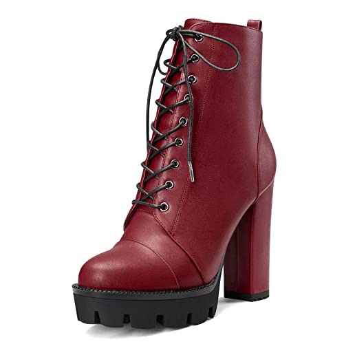 Castamere Damen Hoher High Absatz Heel Plateau Plattform Chunky Blockabsatz Runde Zehenkappe Stiefeletten Schnüren Schnürung Reißverschluss Stiefel Burgund Rot 44 EU von Castamere