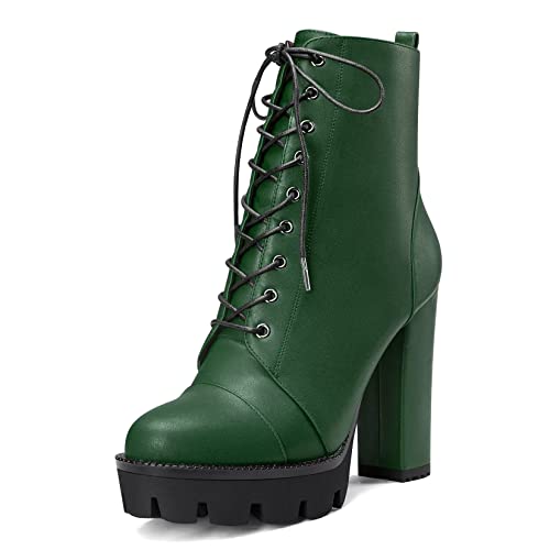 Castamere Damen Hoher High Absatz Heel Plateau Plattform Chunky Blockabsatz Runde Zehenkappe Stiefeletten Schnüren Schnürung Reißverschluss Stiefel Grün A 41 EU von Castamere