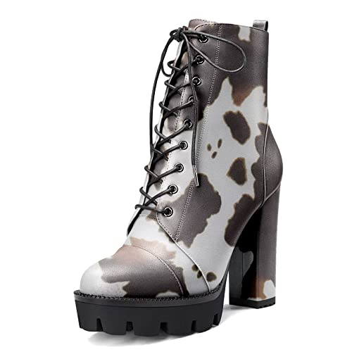 Castamere Damen Hoher High Absatz Heel Plateau Plattform Chunky Blockabsatz Runde Zehenkappe Stiefeletten Schnüren Schnürung Reißverschluss Stiefel Mehrfarbig B 40 EU von Castamere