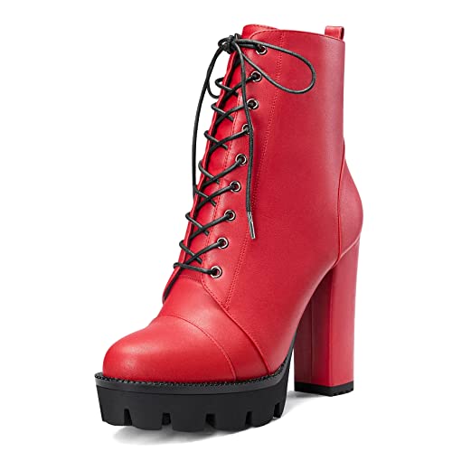Castamere Damen Hoher High Absatz Heel Plateau Plattform Chunky Blockabsatz Runde Zehenkappe Stiefeletten Schnüren Schnürung Reißverschluss Stiefel Rot 37 EU von Castamere