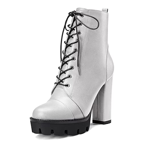 Castamere Damen Hoher High Absatz Heel Plateau Plattform Chunky Blockabsatz Runde Zehenkappe Stiefeletten Schnüren Schnürung Reißverschluss Stiefel Silber 42 EU von Castamere