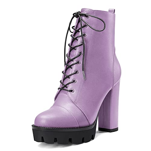Castamere Damen Hoher High Absatz Heel Plateau Plattform Chunky Blockabsatz Runde Zehenkappe Stiefeletten Schnüren Schnürung Reißverschluss Stiefel Violett 44 EU von Castamere