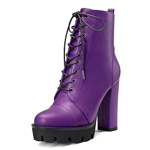 Castamere Damen Hoher High Absatz Heel Plateau Plattform Chunky Blockabsatz Runde Zehenkappe Stiefeletten Schnüren Schnürung Reißverschluss Stiefel Violett A 38 EU von Castamere