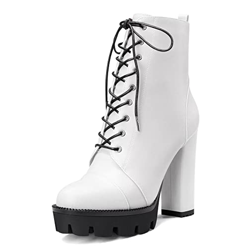 Castamere Damen Hoher High Absatz Heel Plateau Plattform Chunky Blockabsatz Runde Zehenkappe Stiefeletten Schnüren Schnürung Reißverschluss Stiefel Weiß 44 EU von Castamere