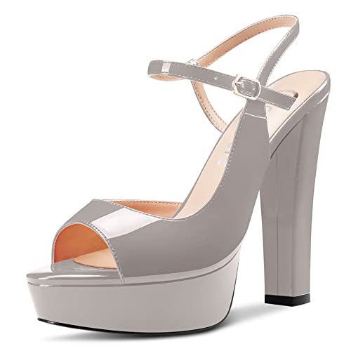 Castamere Damen Hoher High Absatz Heel Plateau Plattform Peep Open Zehenkappe Knöchelriemen Slingback Sandalen Hochzeit Büroschuhe Dress 13 CM Heels Grau 39 EU von Castamere