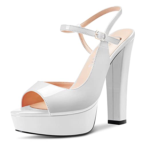Castamere Damen Hoher High Absatz Heel Plateau Plattform Peep Open Zehenkappe Knöchelriemen Slingback Sandalen Hochzeit Büroschuhe Dress 13 CM Heels Weiß 35 EU von Castamere