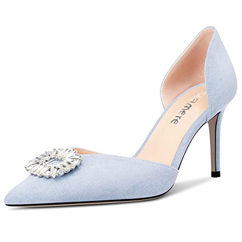 Castamere Damen Hoher High Absatz Heel Spitze Zehenkappe Pumps Two-Piece Slip-on Diamant Kristall Abschlussball Dress 8 cm Heels Hellblau 39 EU von Castamere