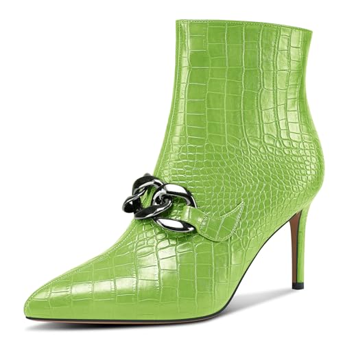 Castamere Damen Hoher High Absatz Heel Spitze Zehenkappe Reißverschluss Slip-on Metall Kette Stiefeletten Dress Party 8 CM Heels Apfelgrün 38 EU von Castamere
